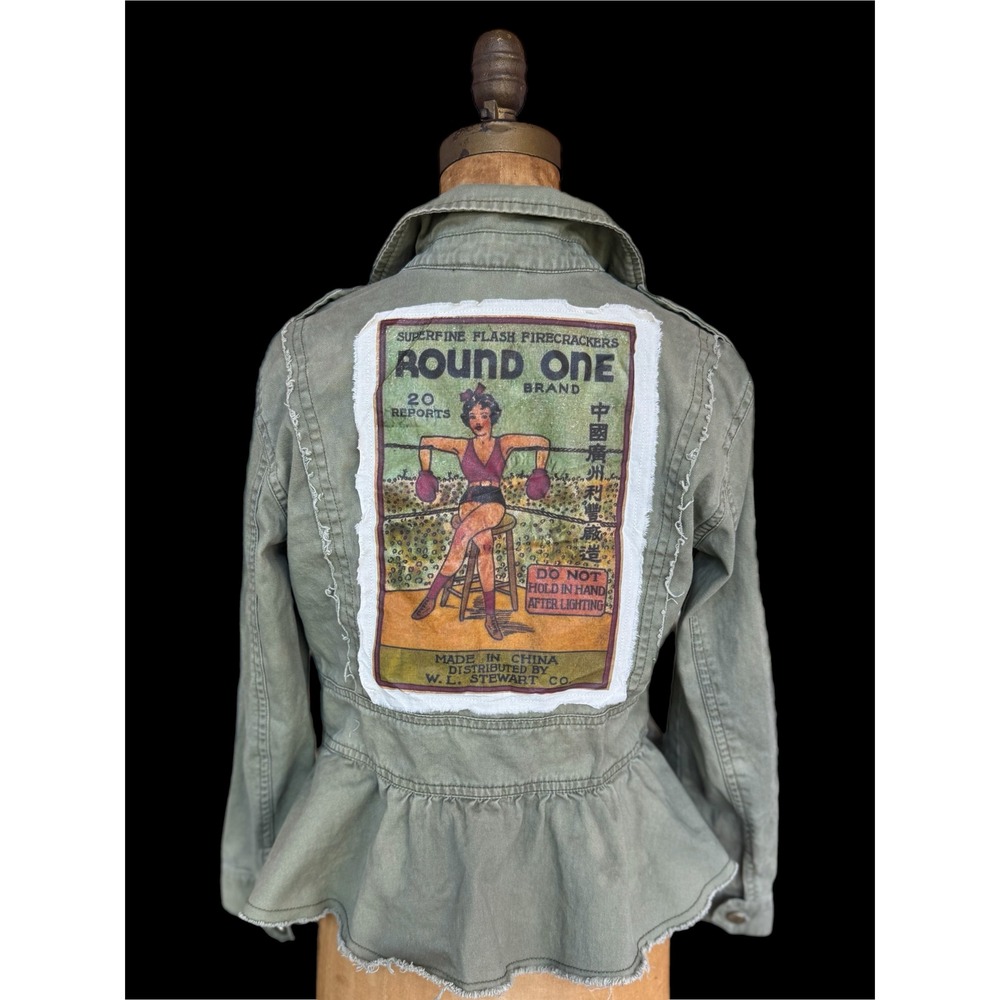 Upcycled Peplum Utility Jacket Firecracker Boxer Girl Patch Folk Art Boho XS